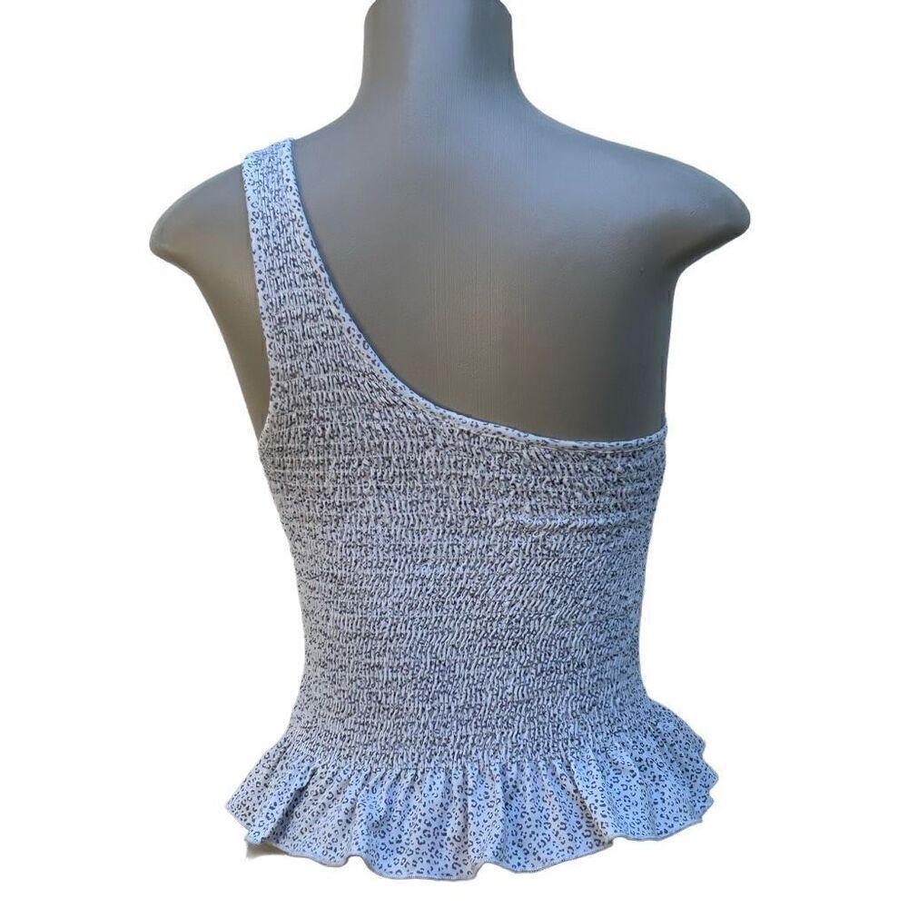 Gaze Peplum Crop Top XS White Gray Animal Print Smocked One Shoulder Ruffle Hem - Picture 7 of 9